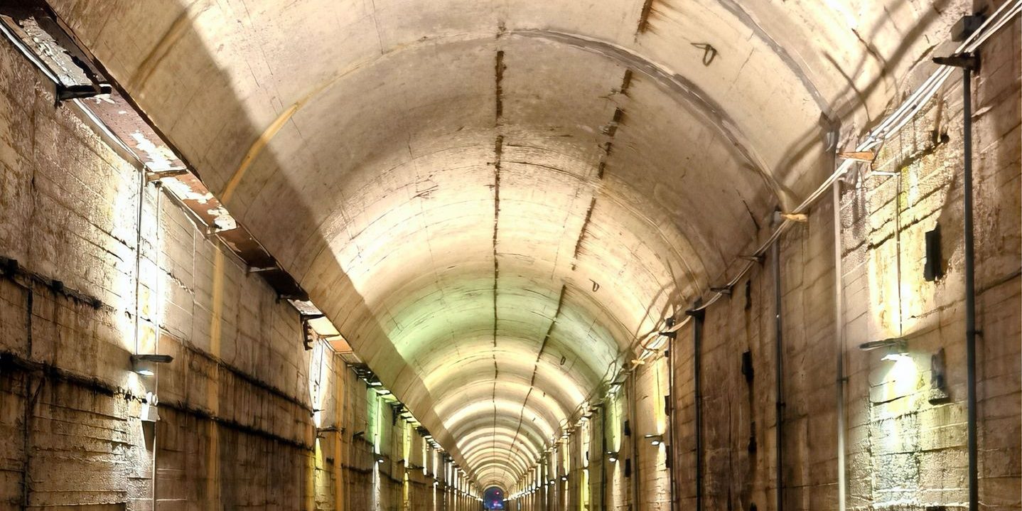 A long, lit tunnel inside the Project 816 underground complex