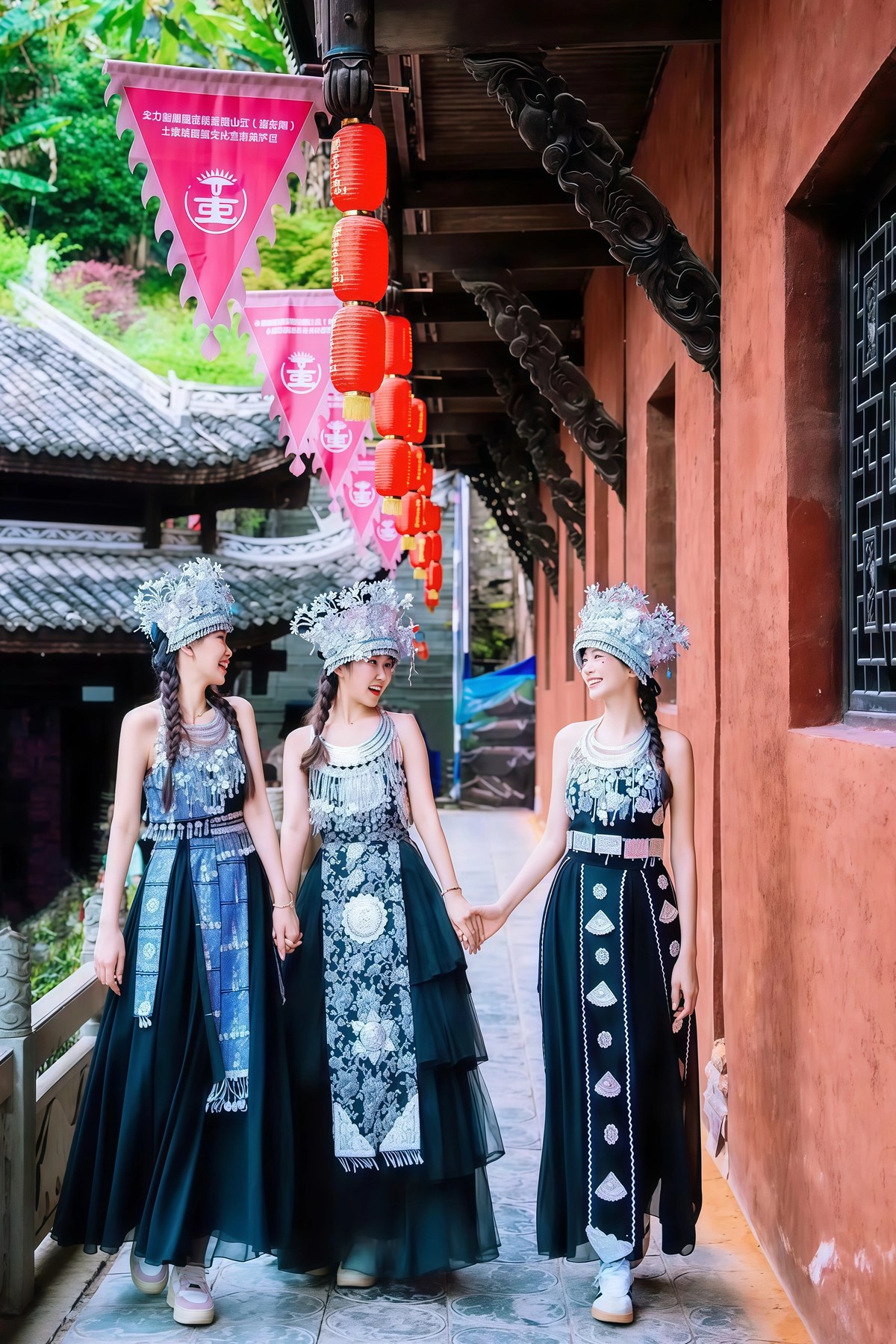 Visitors in Miao silver-and-embroidery costume in a lantern-lit lane at Chiyou Jiuli City