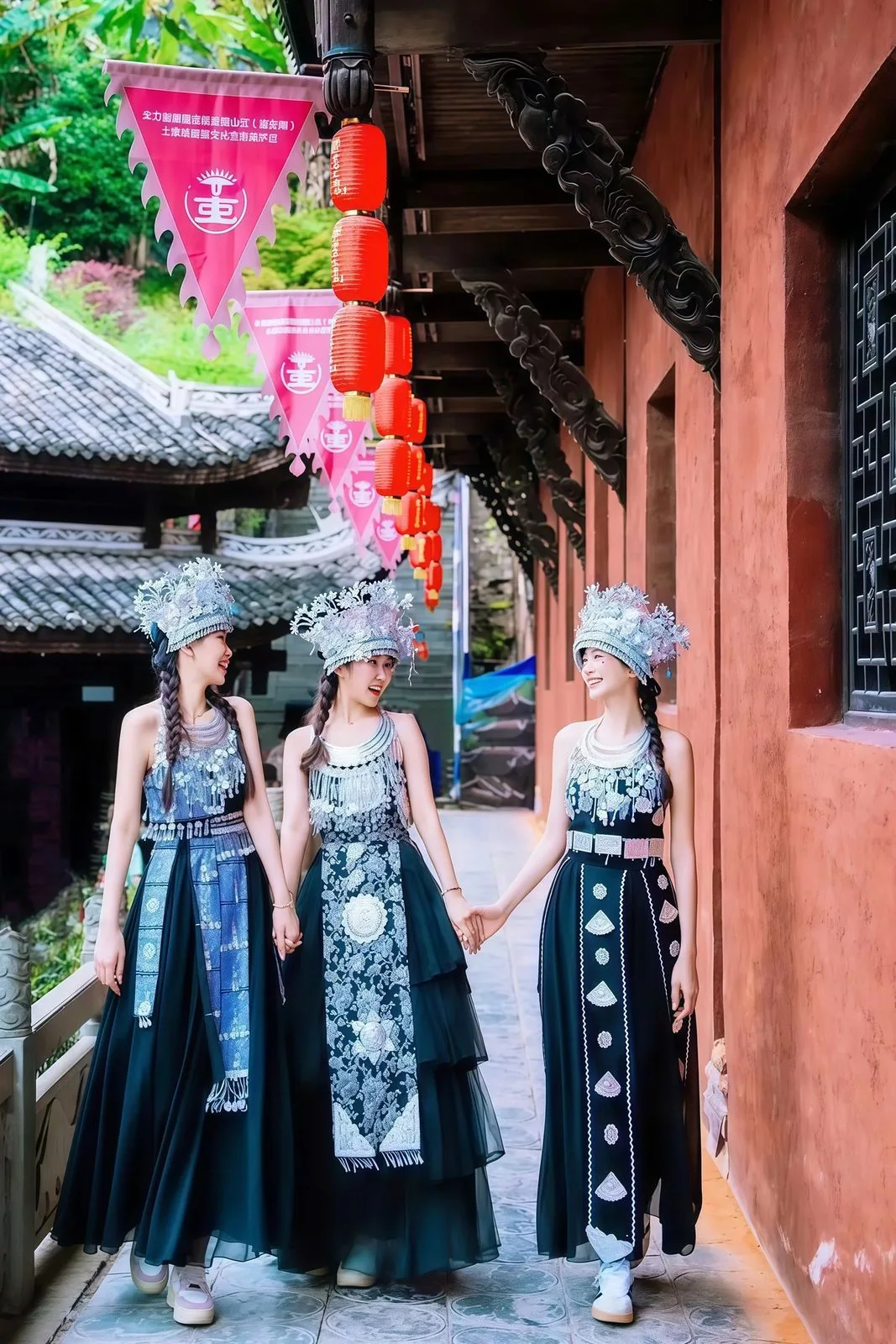 Visitors in Miao silver-and-embroidery costume in a lantern-lit lane at Chiyou Jiuli City