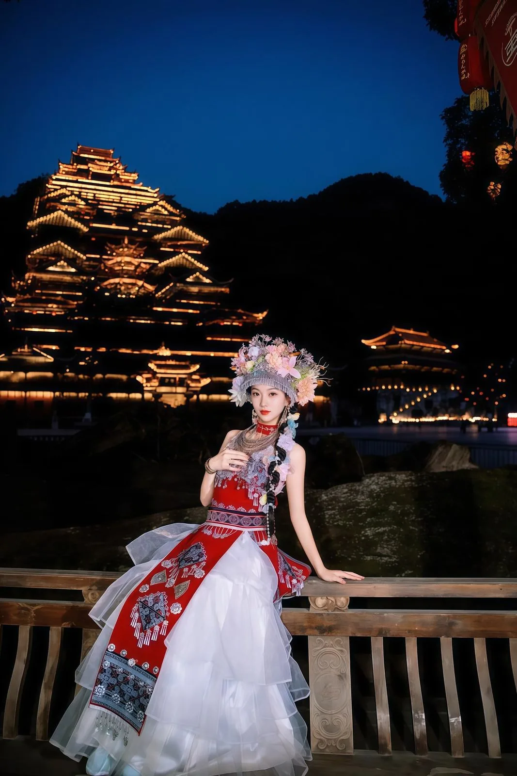 Miao costume portrait against golden night lighting at Chiyou Jiuli City