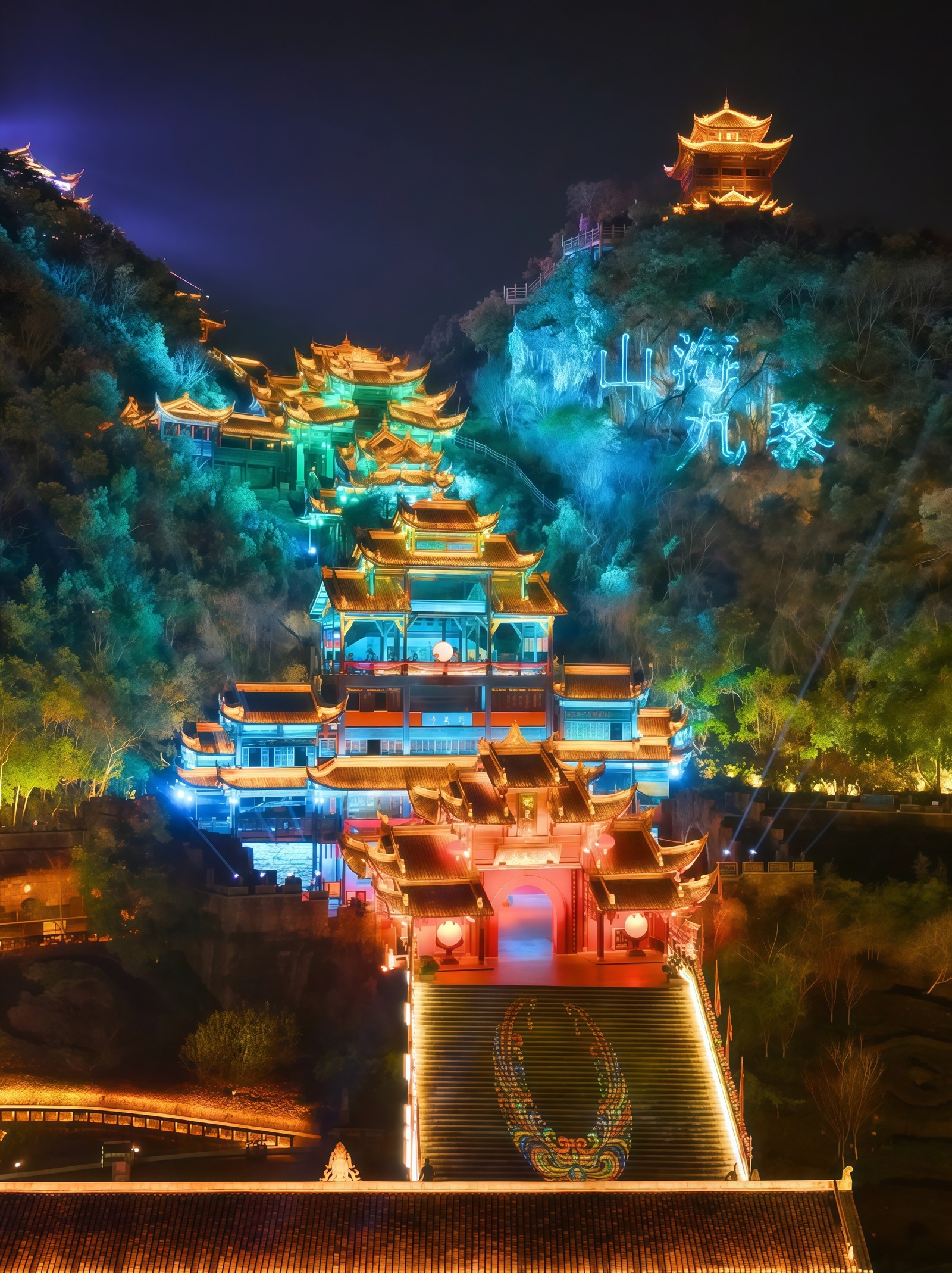 Evening mountain light show illuminating the halls of Chiyou Jiuli City
