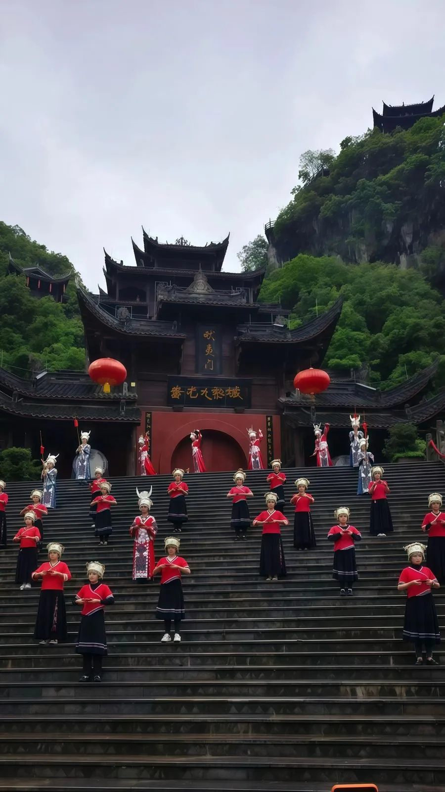 Costumed performers on the grand steps during the Ancestor Chiyou show