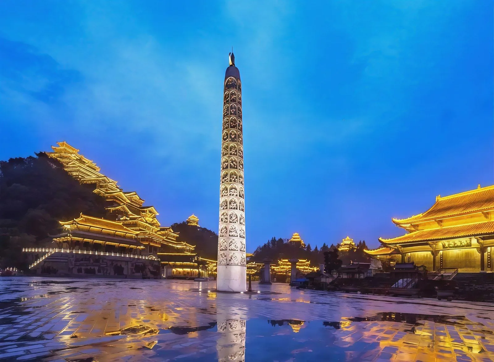 The carved Nine-Li totem pillar reflected in a plaza pool