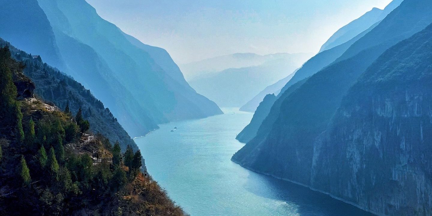 The Yangtze running through the Three Gorges near Fengjie, seen from high above the river